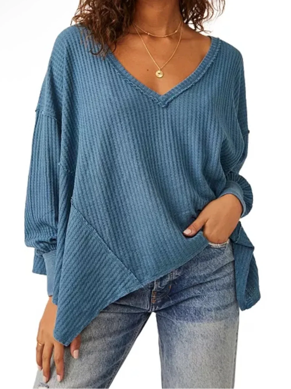 Free People We The Free Coraline Thermal V-Neck Top Oversized Blue Size XS